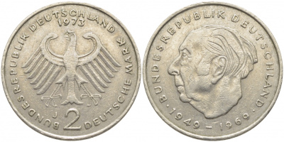 ФРГ 2 МАРКИ 1973 J, ТЕОДОР ХОЙС KM 127, J. 407 медно-никель плакированный никелем 3856-332