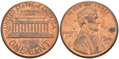США 1 ЦЕНТ 1988 D ЛИНКОЛЬН KM 201b цинк плакированный медью 188-236