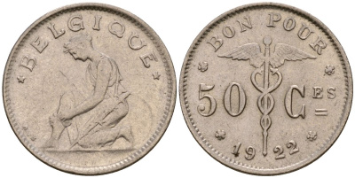 Бельгия 50 сантимов 1922 Король Альберт I (1910 - 1934) KM 87 никель 39-1061