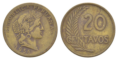 Перу 20 сентаво 1956 KM 221b латунь 4654-634