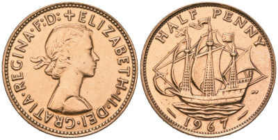 Великобритания 1/2 пенни 1967 Елизавета II (1952-2022) KM 896, Spink 4158 бронза 4579-726