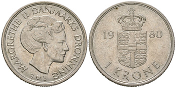 Дания 1 крона 1980 B; S, Маргрете II (1972-) KM 862 медно-никель aUNC 216-131