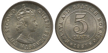 Малайя и Британское Борнео 5 центов 1957 Елизавета II (1952-2022) KM 1 медно-никель UNC 192-868