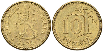 ФИНЛЯНДИЯ 10 ПЕННИ 1978 K KM 46 алюминиевая бронза 192-1043
