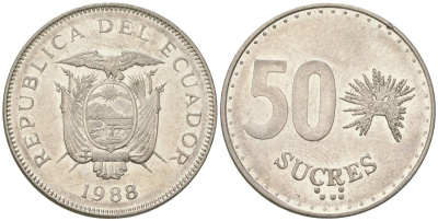 Эквадор 50 сукре 1988 KM 93 сталь плакированная никелем 4511-934