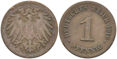ГЕРМАНИЯ 1 ПФЕННИГ 1916 D KM 10, J. 10, Weege 2 бронза 206-1052