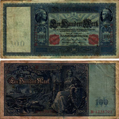 Германия 100 марок 1908 7 февраля 1908,Меркурий и Церера, Германия на троне Pick 35 бумага 434-3-2-1