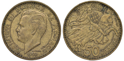 Монако 50 франков 1950 Ренье III (1949-2005) KM 132 алюминиевая бронза 51-2541