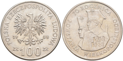 ПОЛЬША 100 ЗЛОТЫХ 1988 MW, 70 ЛЕТ ВЕЛИКОПОЛЬСКОГО ВОССТАНИЯ KM 182 медно-никель UNC 4111-346