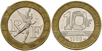 Франция 10 франков 1989 тип гений Бастилии KM 964.1, Le Franc 375.3 биметалл 4601-417