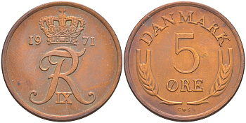 ДАНИЯ 5 ЭРЕ 1971 C; S, ФРЕДЕРИК IX (1947-1972) KM 848.1 бронза UNC 106-224