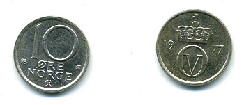 Норвегия 10 эре 1977 Улаф V (1957-1991) KM 416 медно-никель 4364-942