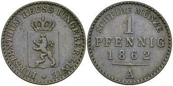 РЕЙС-ШЛАЙЦ 1 ПФЕННИГ 1862 А KM 69 медь 99-928