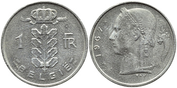 БЕЛЬГИЯ 1 ФРАНК 1967 BELGIE KM 143.1 медно-никель 4388-926
