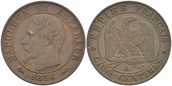 ФРАНЦИЯ 5 САНТИМОВ 1856 A, НАПОЛЕОН III (1852-1870) KM 777.1, LE FRANC 116.30 бронза 108-442