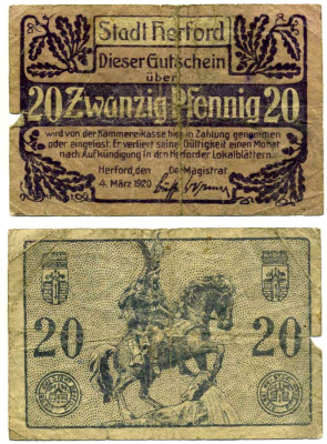 Херфорд 20 пфеннигов 1920 4 марта 1920, нотгельд, земля Северный Рейн-Вестфалия Grabowski H28.6b бумага 2193-23-1-2