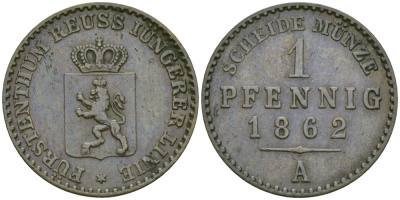 РЕЙС-ШЛАЙЦ 1 ПФЕННИГ 1862 А KM 69 медь 99-928