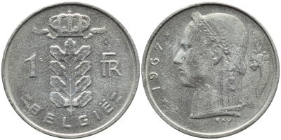 БЕЛЬГИЯ 1 ФРАНК 1967 BELGIE KM 143.1 медно-никель 4388-926
