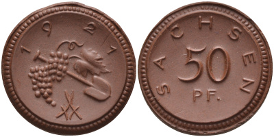 Саксония 50 пфеннигов 1921 виноград и лопата J. N 54 фарфор 1094-5-73