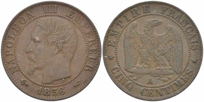 Франция 5 сантимов 1856 A, Наполеон III (1852-1870) KM 777.1, Le Franc 116.30 бронза 108-442