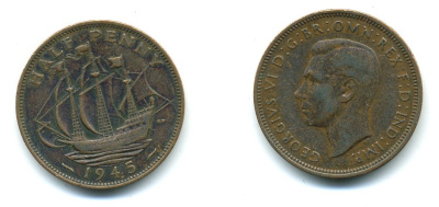 Великобритания 1/2 пенни 1945 Георг VI (1936-1952) KM 844, Spink 4115 бронза 540-441