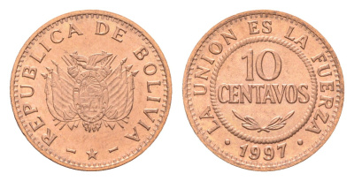 Боливия 10 сентаво 1997 год-тип KM 202a сталь плакированная медью UNC 4659-1257