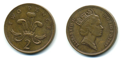 Великобритания 2 пенса 1987 Елизавета II (1952-2022) КМ 936, Spink 4376 (C3) бронза 4110-715