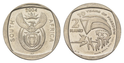 ЮАР 2 ранда 2004 10 лет первым всеобщим выборам KM 334 медь плакированная никелем UNC 4628-126