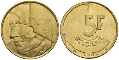 Бельгия 5 франков 1988 Belgique, Бодуэн I (1951-1993) KM 163 алюминиевая бронза 4601-215