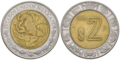 Мексика 2 песо 2000 M KM 604 биметалл 4591-216
