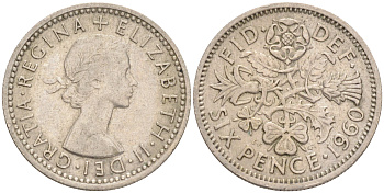 Великобритания 6 пенсов 1960 Елизавета II (1952-2022) KM 903, Spink 4149 медно-никель 192-235