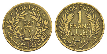 Тунис 1 франк 1921 KM 247 алюминиевая бронза 4657-711