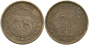 Либерия 1/2 цента 1937 KM 10 латунь 4174-413