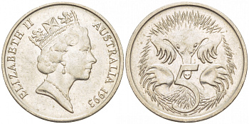 АВСТРАЛИЯ 5 ЦЕНТОВ 1993 ЕЛИЗАВЕТА II, ВТОРОЙ ПОРТРЕТ В КОРОНЕ, ЕХИДНА KM 80 медно-никель 3851-1137