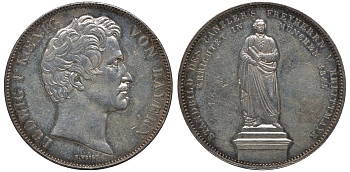 Бавария 2 талера 1845 Людвиг I (1825-1848), Chancellor Baron von Kreittmayr, барон Крейттмайер KM 439, Dav.592 var, AKS 107a, Kahnt 111, Thun 84 var серебро 00-808-31