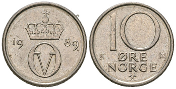 Норвегия 10 эре 1989 Улаф V (1957-1991) KM 416 медно-никель UNC 4621-328
