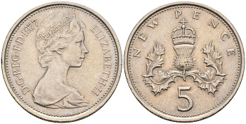 Великобритания 5 пенсов 1977 Елизавета II (1952-2022) KM 911, Spink 4233 (D1) медно-никель 4116-811