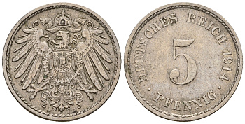 Германия 5 пфеннигов 1914 A, KM 11, J. 12 медно-никель 220-724