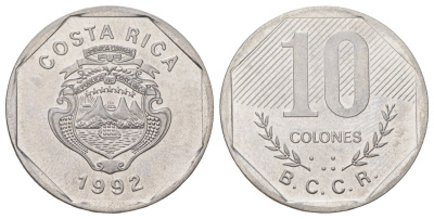 Коста-Рика 10 колонов 1992 KM 215.1 нержавеющая сталь UNC 4622-1216