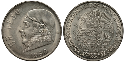 Мексика 1 песо 1980 Хосе Мария Морелос, закрытая 8 KM 460 медно-никель XF- 215-926