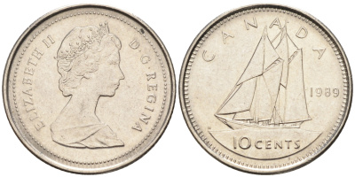 Канада 10 центов 1989 Елизавета II, парусник KM 77.2 никель    4147-366