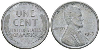 США 1 цент 1943 Авраам Линкольн KM 132 a сталь покрытая цинком aUNC 116-1269
