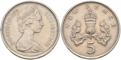 Великобритания 5 пенсов 1977 Елизавета II (1952-2022) KM 911, Spink 4233 (D1) медно-никель 4116-811