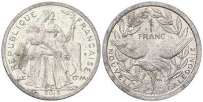 Французская Новая Каледония 1 франк 2013 птица кагу, (IEOM) KM 10, Schoen 10 алюминий 31-927