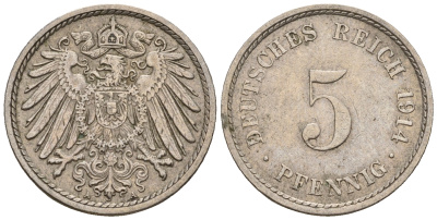 Германия 5 пфеннигов 1914 A, KM 11, J. 12 медно-никель 220-724
