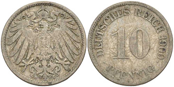 ГЕРМАНИЯ 10 ПФЕННИГОВ 1900 G KM 12, J. 13 медно-никель 4401-1151