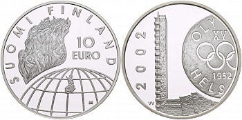 Финляндия 10 евро 2002 50 лет Олимпиаде 1952 года в Хельсинки KM 107 серебро PROOF 05-091-12