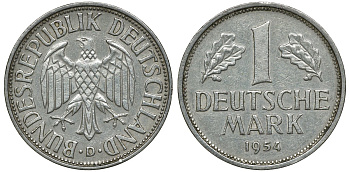 ФРГ 1 МАРКА 1954 D KM 110, J. 385 медно-никель 72-624