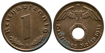 Германия 1 рейхспфенниг 1938 A KM 89, J. 361 бронза    220-312