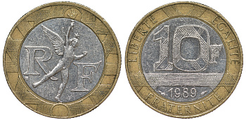Франция 10 франков 1989 тип гений Бастилии KM 964.1, Le Franc 375.3 биметалл  45-626
